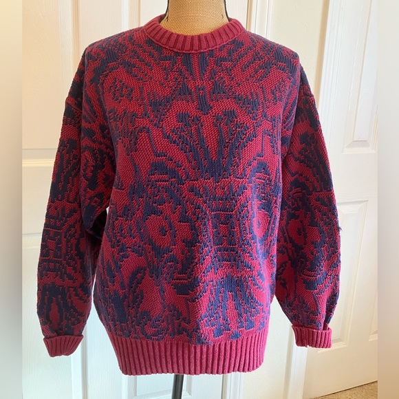 Vintage 80’s Lord Jeff 100% Fine Cotton maroon navy knit crew neck Sweater L
